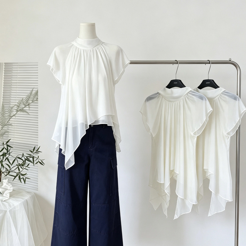 Nuo Chuxiebu Meatless Half-High Stand Collar Ruffled Small Flutter Sleeve Chiffon Blouse for Women, Summer, Gentle and Youthful, Irregular Loose Fit Nuo Chuxiebu Meatless Half-High Stand Collar Ruffled Small Flutter Sleeve Chiffon Blouse for Women, Summer, Gentle and Youthful, Irregular Loose Fit