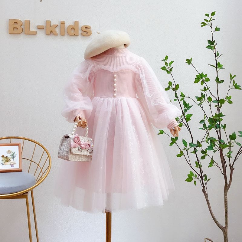 Vestido de princesa Coreana de las niñas 2023 otoño malla linterna manga costura estilo occidental de los niños vestido esponjoso de punto