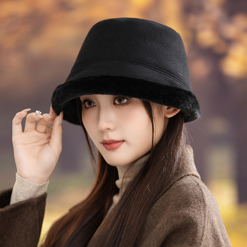 日系简约加绒加厚渔夫帽女秋冬休闲百搭毛绒帽显脸小防风保暖盆帽|undefined