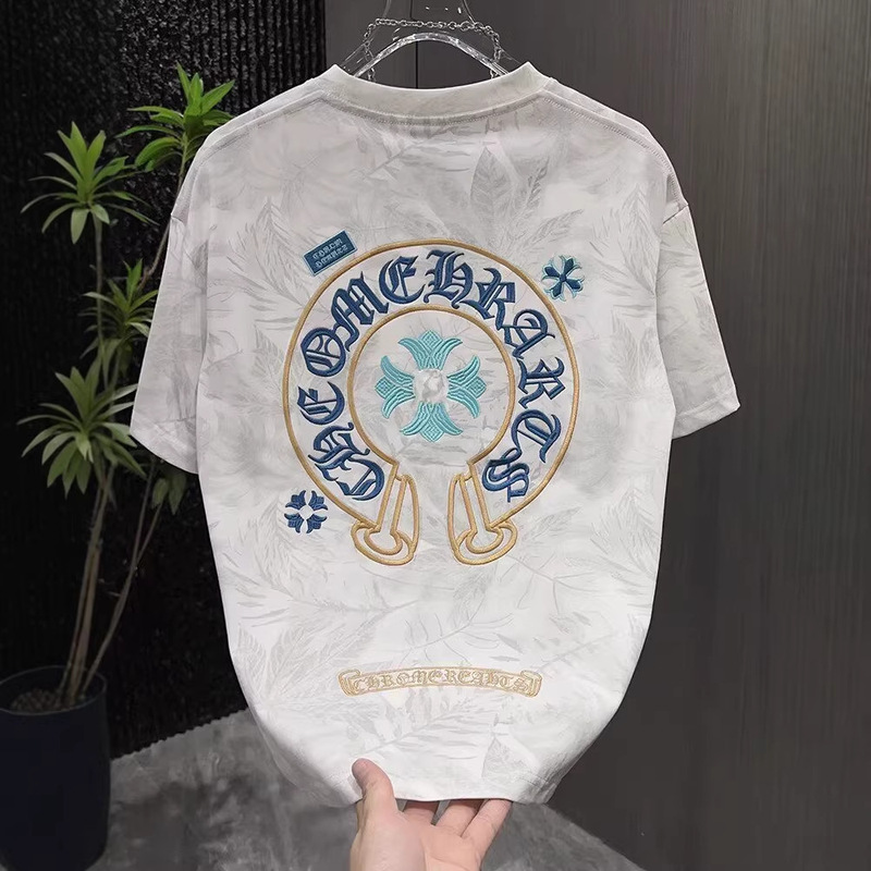 New Heavy-Duty Embroidered Men's Slim-Fit Short-Sleeve T-Shirt with Retro Style and Trendy Design, Casual and Versatile