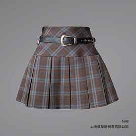 美拉德格纹半身裙女秋设计感腰带百褶短裙小个子显瘦高腰A字裙