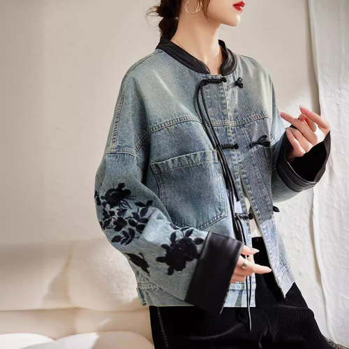 New Chinese style denim jacket for women spring and autumn 2024 new European style loose fashion design foreign style national style top