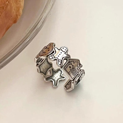 Graffiti Gingerbread Man Ring Little Bear Cartoon Do the old A small minority Korean Edition Opening adjust Ring Christmas gift