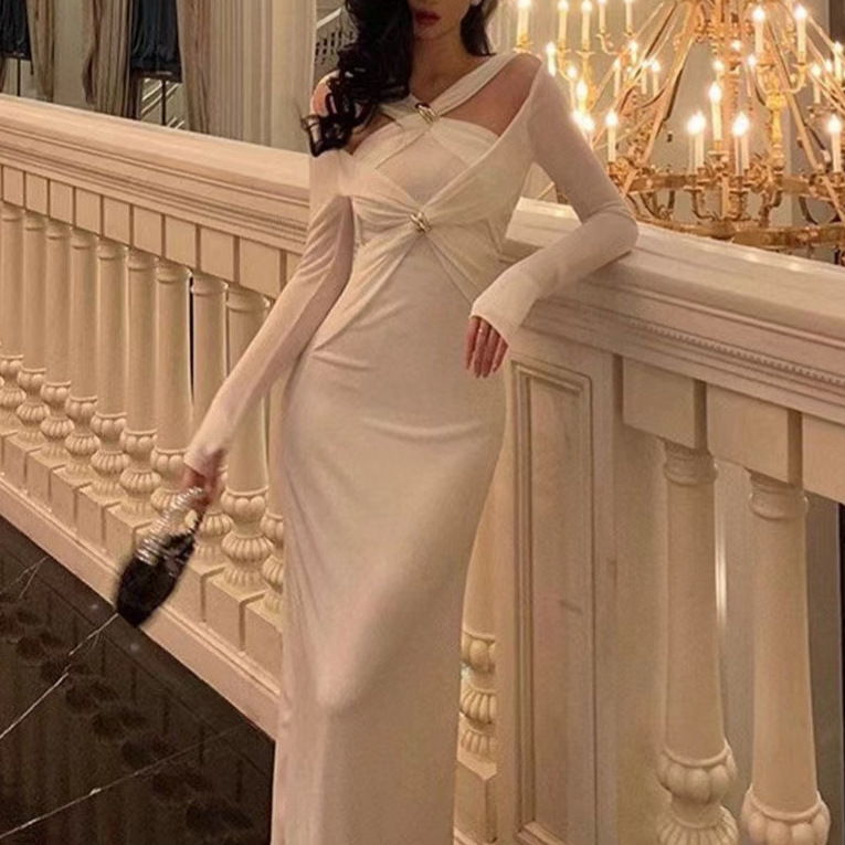 Cross-border Temperament Elegant Design Sense Chest Cross Shoulder Base Long Sleeve dress Goddess High Waist Slimming Long Dress