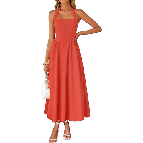 Cross-border Europe and America Amazon 2025 summer new fashion women's temperament wide shoulder strap hanging neck backless dress 