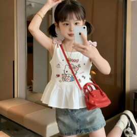 外贸童装夏季卡哇伊新款卡通女孩儿童装宝宝可爱蝴蝶结无袖背心