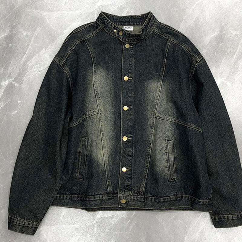 Retro Denim Jacket For Men Washed Ripped Stand-up Collar Style_voghion.com