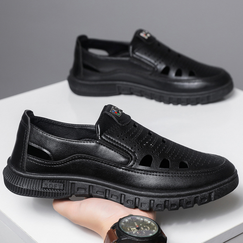 Estilo caliente 2025 primavera y verano sandalias de hombre, fondo suave transpirable, sandalias de cuero huecas antideslizantes para padres de mediana edad y ancianos