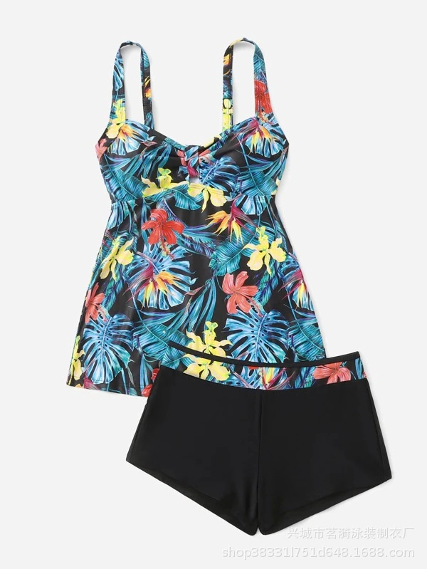 Mingyi nueva impresión multicolor europea y americana tangini conservador moda vestido grande pantalones de pierna plana traje de baño de dos piezas para mujer