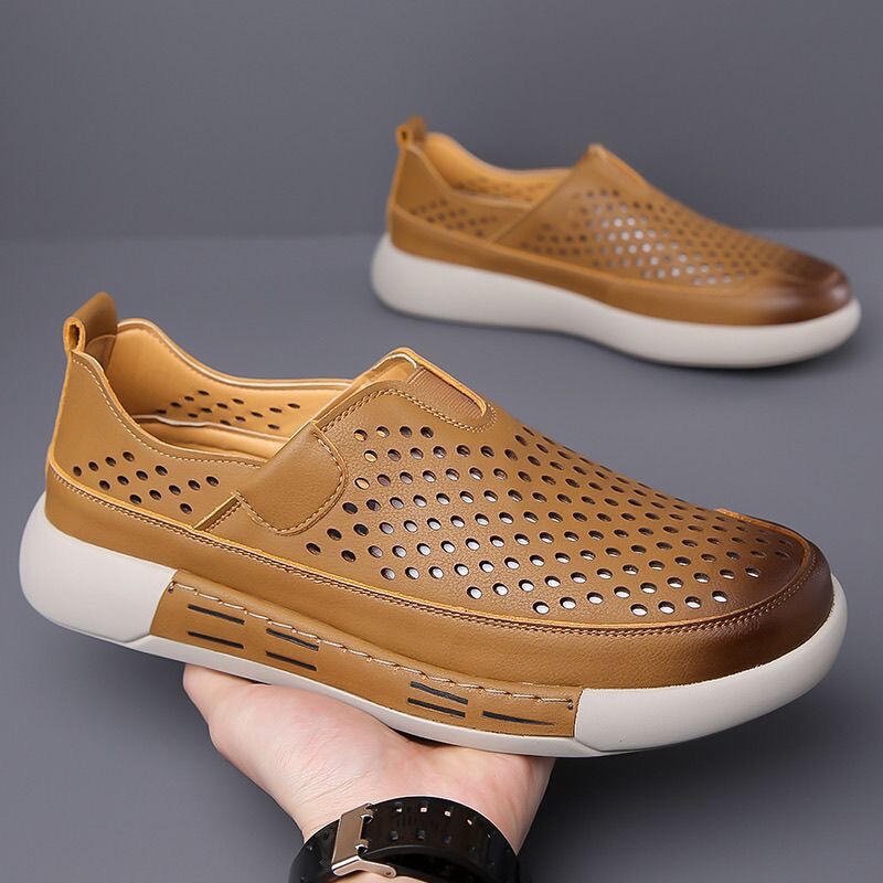 Slip-On Hollow-Out Men's Shoes, Summer Round-Toe Casual British-Style Shoes, Trendy Versatile Breathable Perforated Shoes, Men's Leather Sandals Slip-On Hollow-Out Men's Shoes, Summer Round-Toe Casual British-Style Shoes, Trendy Versatile Breathable Perforated Shoes, Men's Leather Sandals