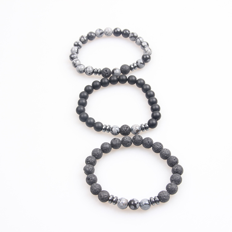 눈송이 + 검은 돌 + 화산석 팔찌 세트