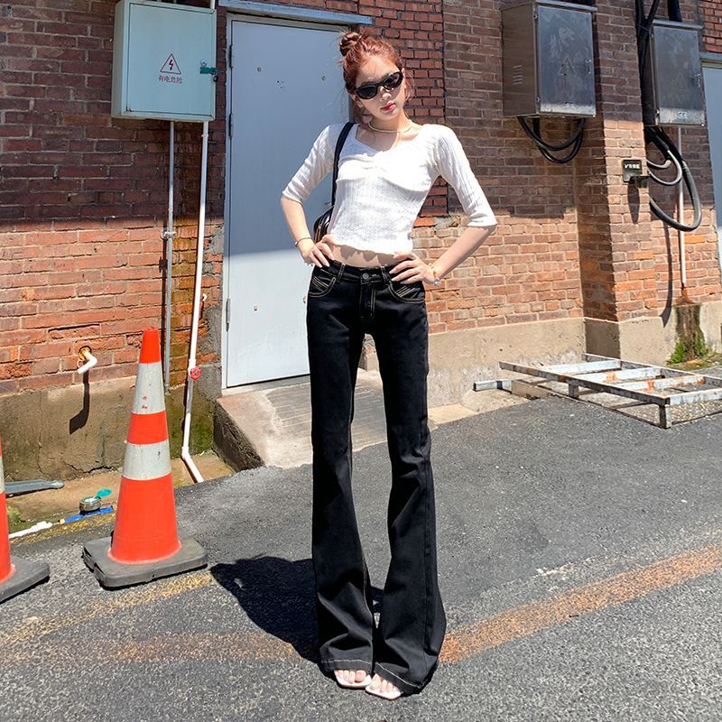 American-Style Black Flared Jeans for Women, Spring 2026, Low-Waist Design, Slimming, Stretchy, Non-Tight Fit, Bootcut Flared Pants