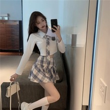 春秋季港风短款长袖露脐衫+高腰格纹百褶短裙套装女潮