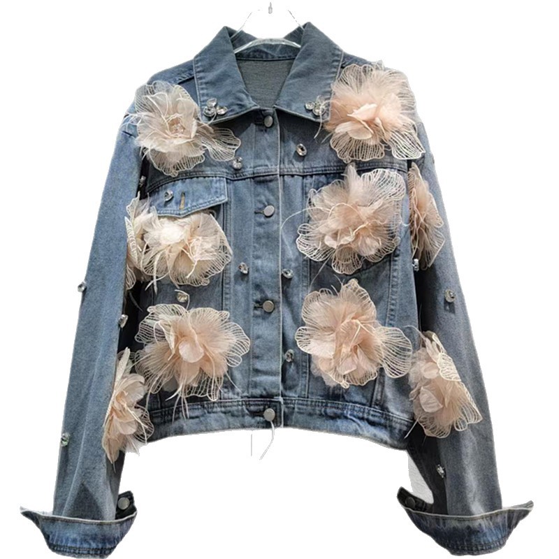 2026 primavera Han Fan lujo ligero temperamento dulce extranjero con solapa industria pesada chaqueta denim de flores de moda image 5