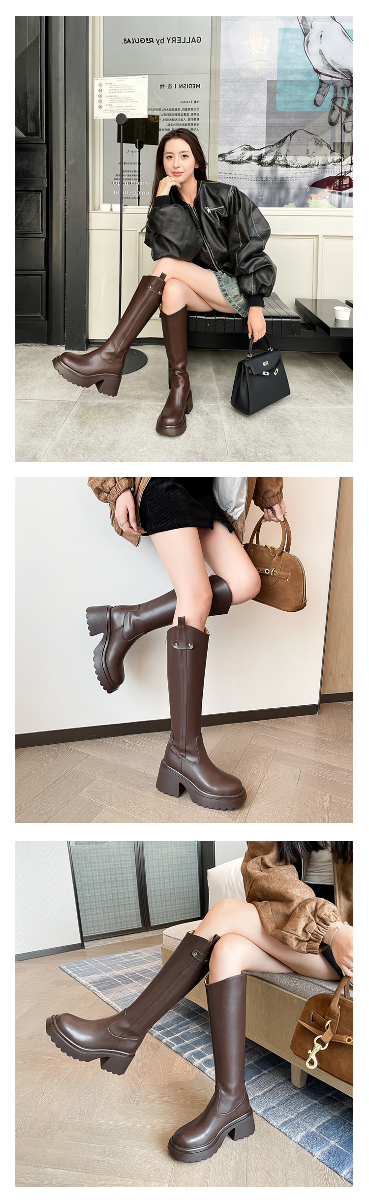 Boot nữ cổ cao ôm bắp chân đế dày gót thấp da thật mùa thu đông — Lớp lót nhung ống lớn màu nâu, Màu nâu cộng với lớp lót đơn lớn, Màu nâu cộng với lớp lót nhung lớn, Lớp lót nhung ống lớn màu đen chi tiết 3