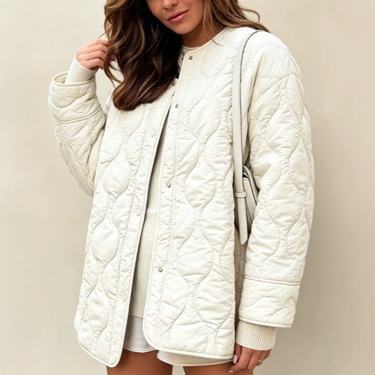 2026 Quilted Round Neck Loose Cotton Coat for Women, Mid-Length, New Autumn/Winter European and American Style Casual Jacket, Solid Color Coat 2026 Quilted Round Neck Loose Cotton Coat for Women, Mid-Length, New Autumn/Winter European and American Style Casual Jacket, Solid Color Coat
