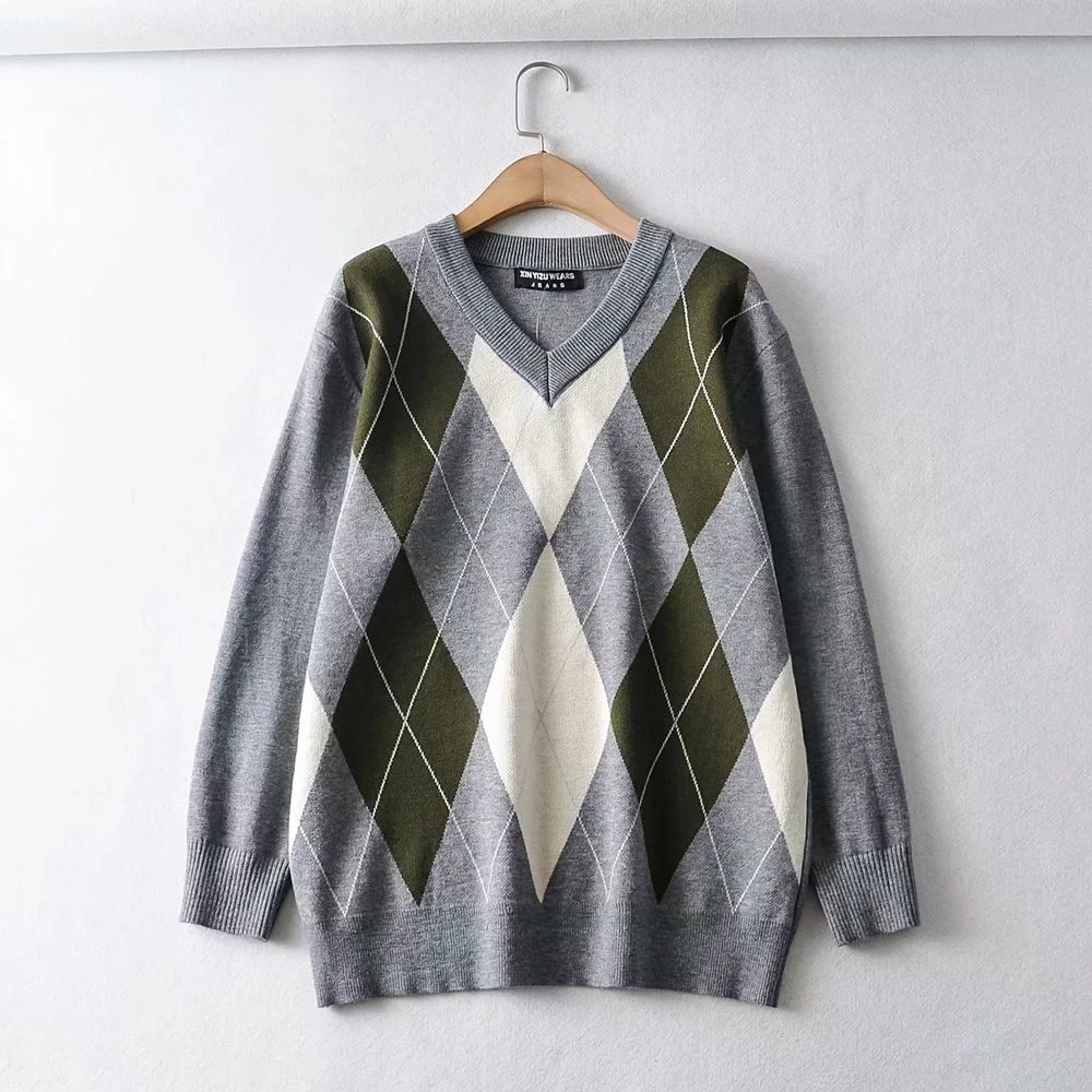 V-neck diamond lattice casual knitted sweater NSHS31873