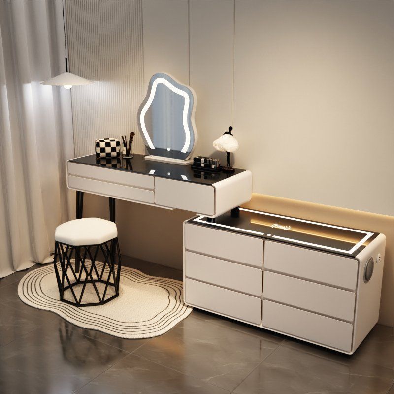 밀크화이트 6단 스마트모델 - 올원목 100테이블 + 캐비닛 + 구름거울 + 새둥지 스툴