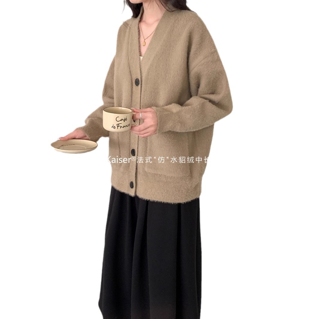 캐터카이저®프랑스 스타일 모방 밍크 벨벳 중간 길이 코트 여성 가을 겨울 한국 스타일 V 넥 게으른 스타일 느슨한 두꺼운 코트