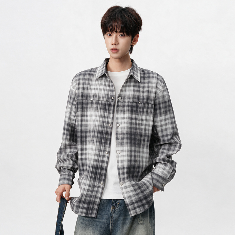 High-quality fashionable long-sleeve shirt with metal buttons for teenage students in spring and autumn, men's workwear shirt jacket, available for wholesale High-quality fashionable long-sleeve shirt with metal buttons for teenage students in spring and autumn, men's workwear shirt jacket, available for wholesale