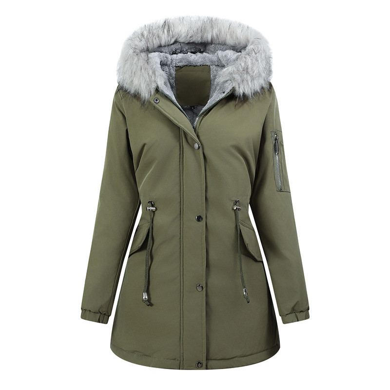 New Cross-Border Women's Mid-Length Hooded Parka Winter Warm Waist-Cinching Fleece Thickened Coat with Fur Collar Cotton Jacket
