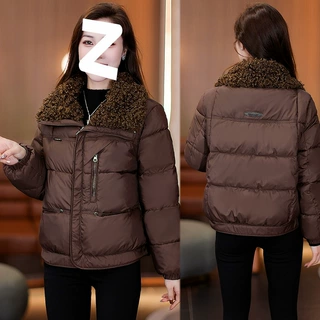 美拉德咖色棉服女短款冬季新款大翻领加厚保暖宽松小个子棉袄外套