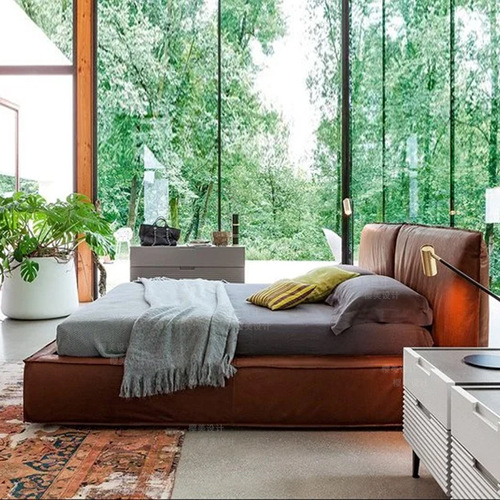 Nordic modern minimalist leather double bed, Italian light luxury 1.8-meter bedroom wedding bed, INS small apartment leather furniture