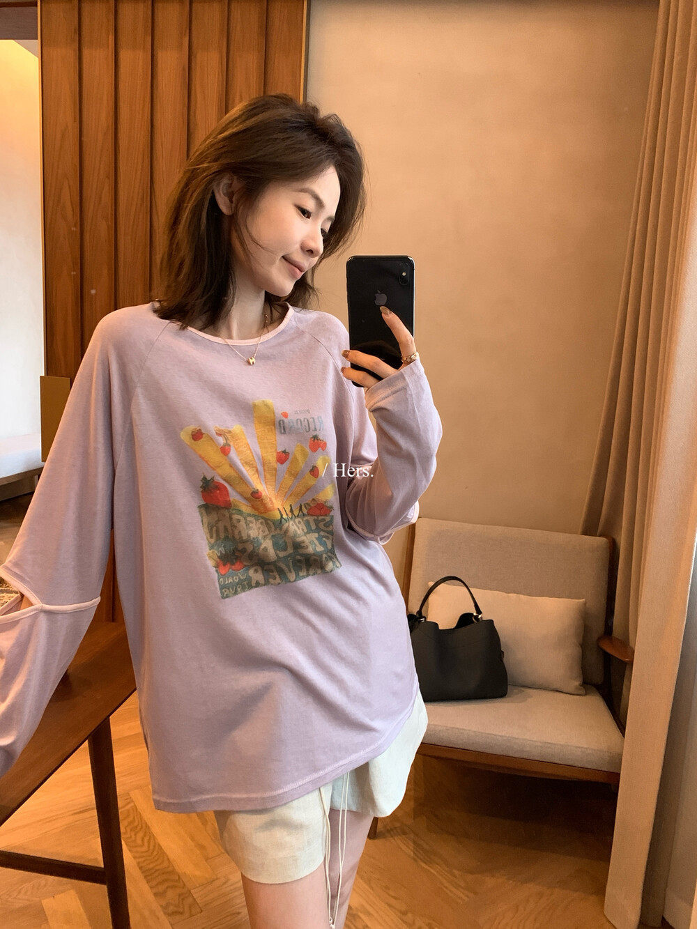 Áo thun nữ tay dài in họa tiết hoạt hình, chất liệu mỏng nhẹ, form rộng thoải mái — Xám tím, màu trắng chi tiết 32