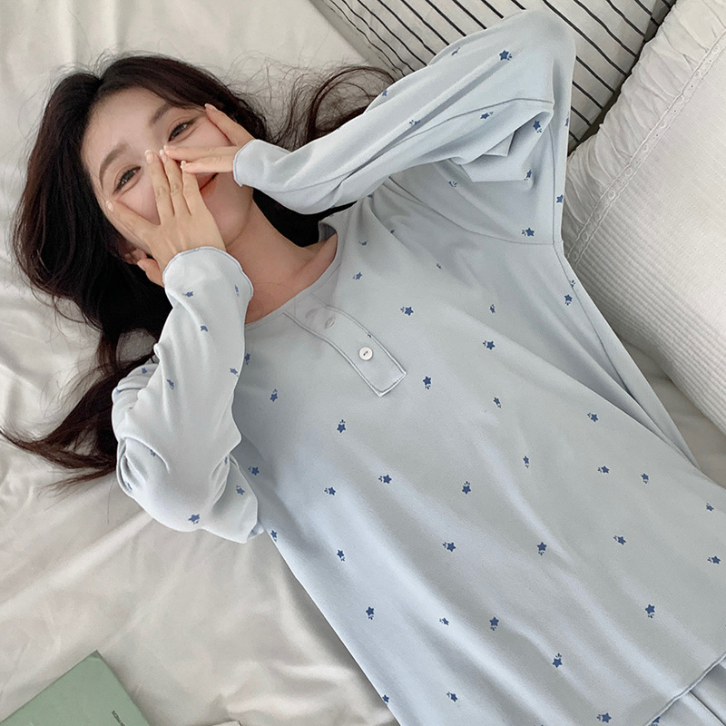 Mori Island Autumn and Winter New Button Home Clothes Women's Solid Color Loose suit Double-Sided Scrub Printed Pajamas with Chest Pad