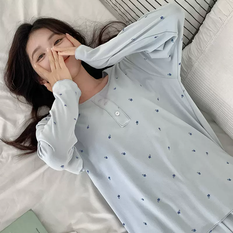 森岛 秋冬新款纽扣家居服女纯色宽松带胸垫套装双面磨毛印花睡衣