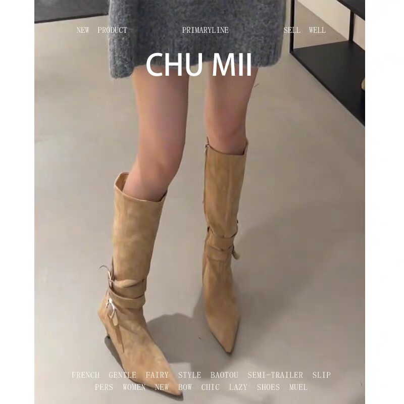 Sheepskin version~Vintage slimming suede long knight boots, brown pointed toe stiletto high boots, over-the-knee long boots for women
