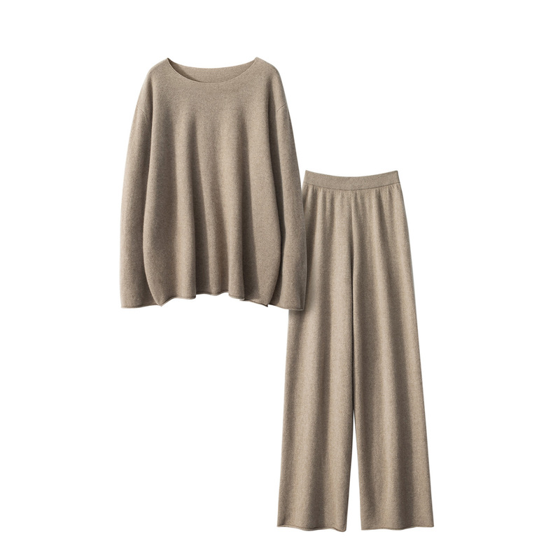 Light Luxury Old Money Suit ~ Consinee 100% Pure Cashmere Knitwear Women's One-Line Collar Top + Slim Straight Pants