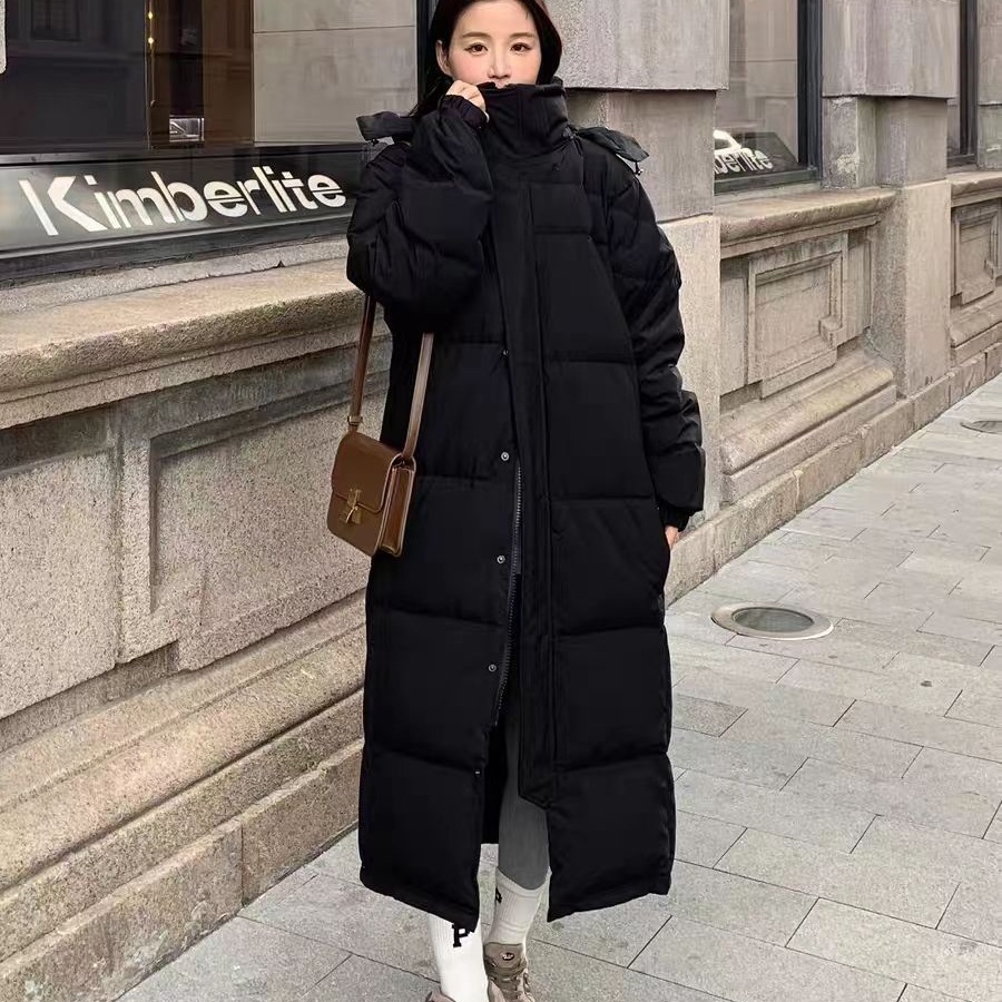 中戏男女新款冬季2025超白鸭绒过膝长款保暖羽绒服学生黑
