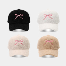 鸭舌帽女秋冬季羊羔绒保暖帽子时尚蝴蝶结刺绣泰迪绒显脸小棒球帽