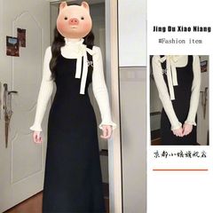 气质感法式连衣裙女秋冬赫本温柔小香风假两件针织收腰包臀裙