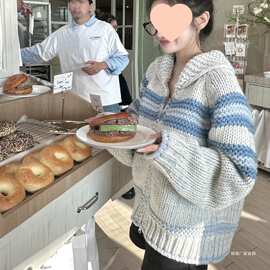 韩系慵懒风2025奶呼呼撞色提花针织毛衣女款冬日拉链开衫上衣