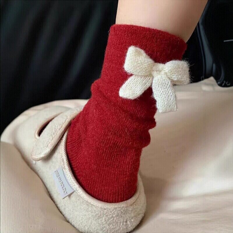 Autumn and Winter Thickened and Warm Fashion Korean-Style Layered Sock Boots with 3D Bow on the Heel, Versatile, Slimming, and Leg-Lengthening