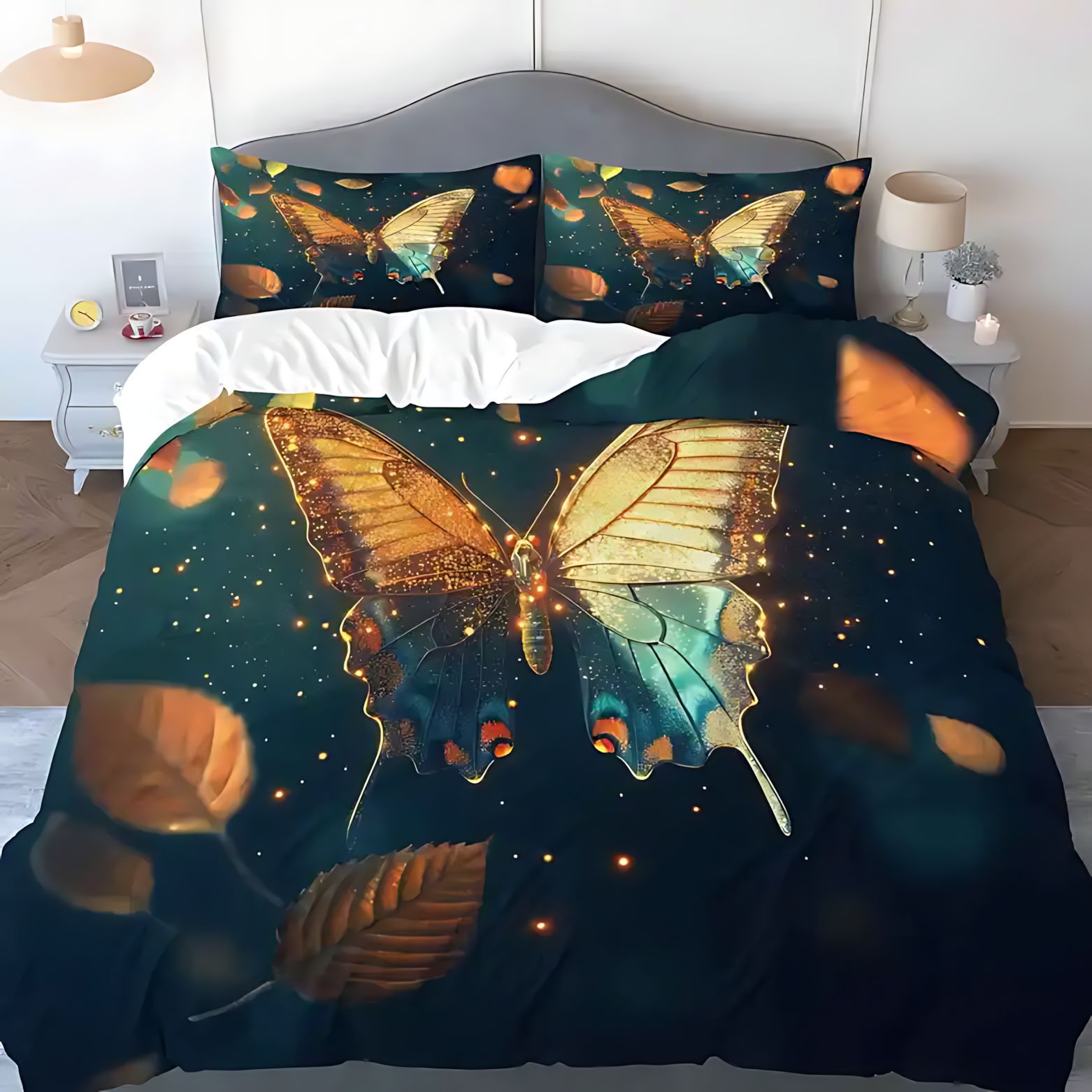 TEMU / JIT transfronterizo verde oscuro mariposa 3D molido impresión digital colcha suave set de almohada exclusivo transfronterizo