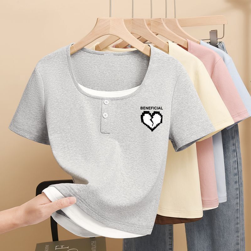 Short-Sleeved Slim-Fit T-Shirt for Petite Women, Summer New Style, Faux Two-Piece, Korean Style, Unique and Beautiful Short Top