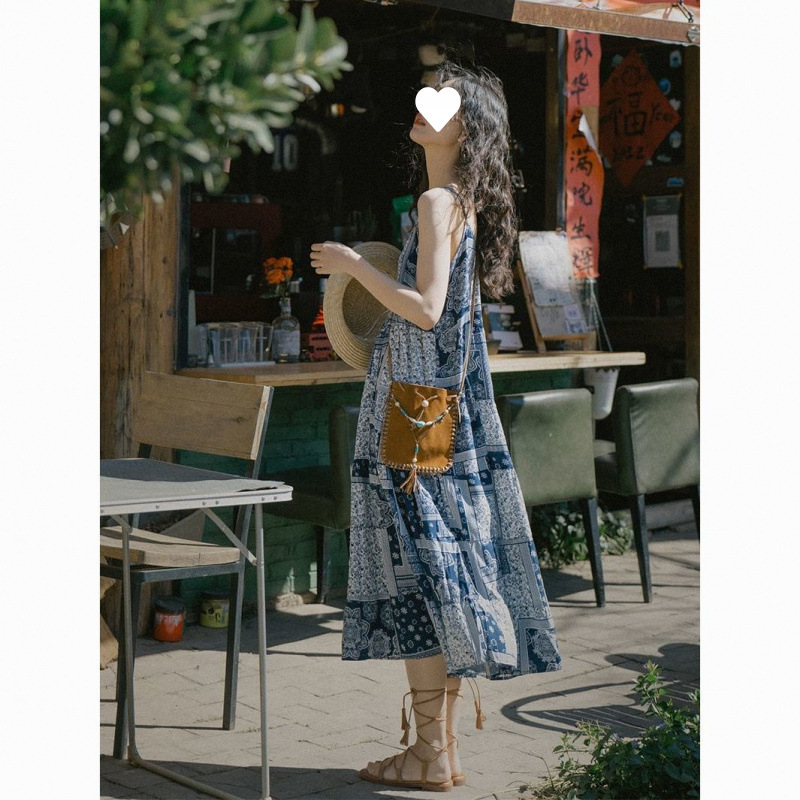 Blue ethnic slip dress for traveling from Yunnan province