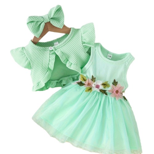 Summer foreign trade girls' set 0-3 years old girl baby candy color cardigan short jacket + sleeveless princess dress three-piece set