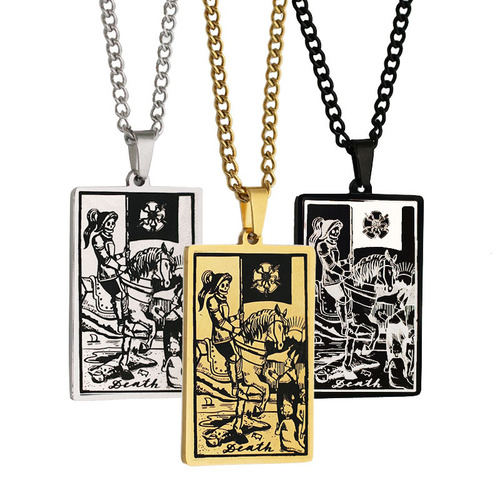 Taro Card Necklace Set of 22 - Vintage Rectangle Pendant Cable Chain Necklace - Titanium Steel