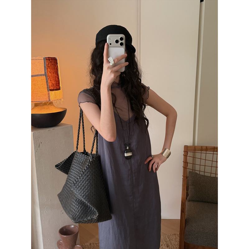 【6/22 Summer New Arrival】100% Mulberry Silk Pure Desire Sexy See-Through Stand Collar Mesh Short Sleeve T-Shirt for Women S9308