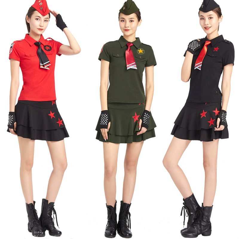 Костюм для танцев моряка, армейский зеленый костюм, новый женский костюм, футболка с лацканами, летний армейский зеленый квадратный танцевальный костюм с короткими рукавами