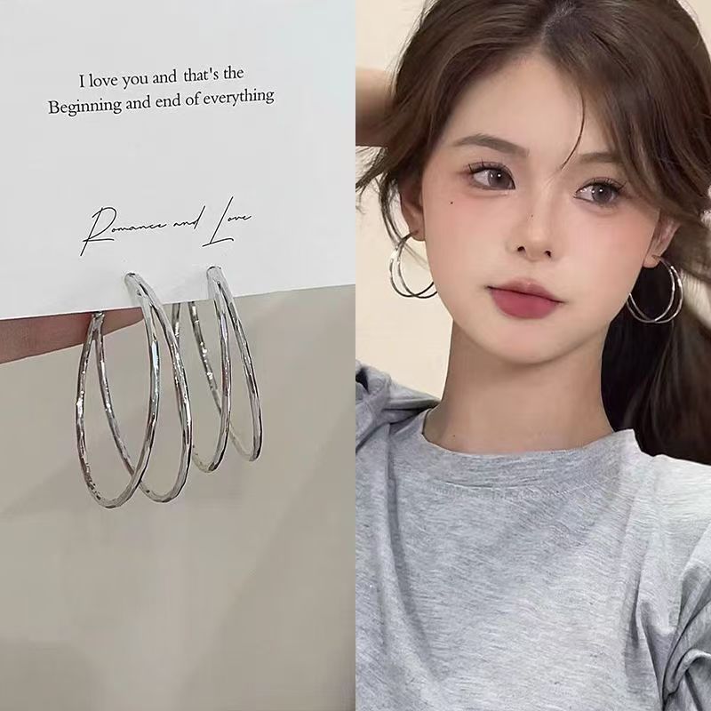 Millennial Hot Girl Style Double-Layer Silver Plain Hoop Earrings for Women Unique Circle Exaggerated Large Earrings High-End Hoop Earrings