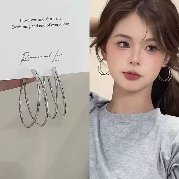 Millennial Hot Girl Style Double-Layer Silver Plain Hoop Earrings for Women Unique Circle Exaggerated Large Earrings High-End Hoop Earrings