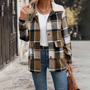 Amazon Independent Station Hot Selling European and American Autumn and Winter Cross-Border Work Clothing Versatile Retro Style Brushed Lapel Plaid Jacket for Women