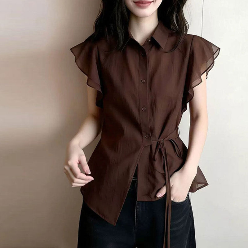 Stylish Coffee-Colored Short-Sleeve Shirt with Small Lapel for Women, Summer Slim-Fit Waist-Cinching Tie-Up Ruffled Top for Petite Figures