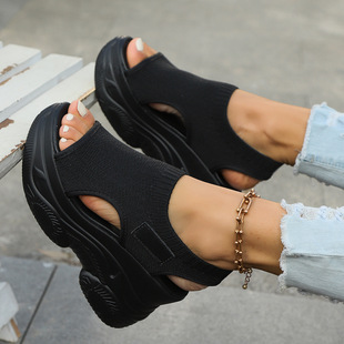 Cross-Border Large Size Fly Woven Casual Wedge Sandals for Women 2024 New Foreign Trade Sports Style Mesh Thick-Soled Roman Sandals