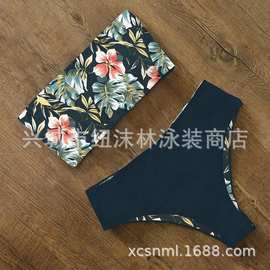 新款外贸泳衣欧美女式性感分体平胸比基尼无肩带抹胸泳衣